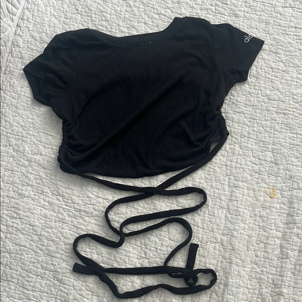 ALO Yoga Black Short Sleeve Tie Front Bodysuit